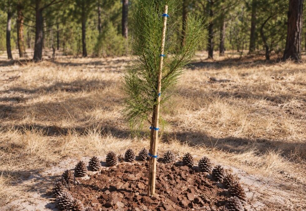 Urna biodegradable junto a pino en el bosque memorial de Segovia