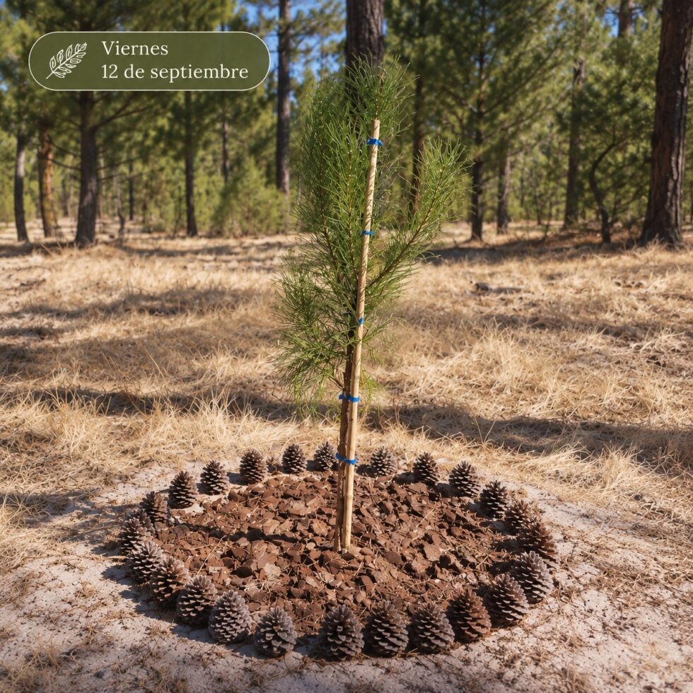 Urna biodegradable junto a pino en el bosque memorial de Segovia
